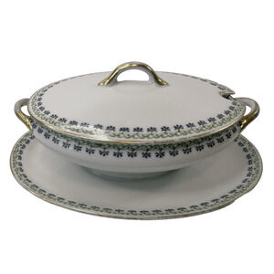 GDA Limoges France Porcelain Covered Serving Dish Green/Blue Floral Antique